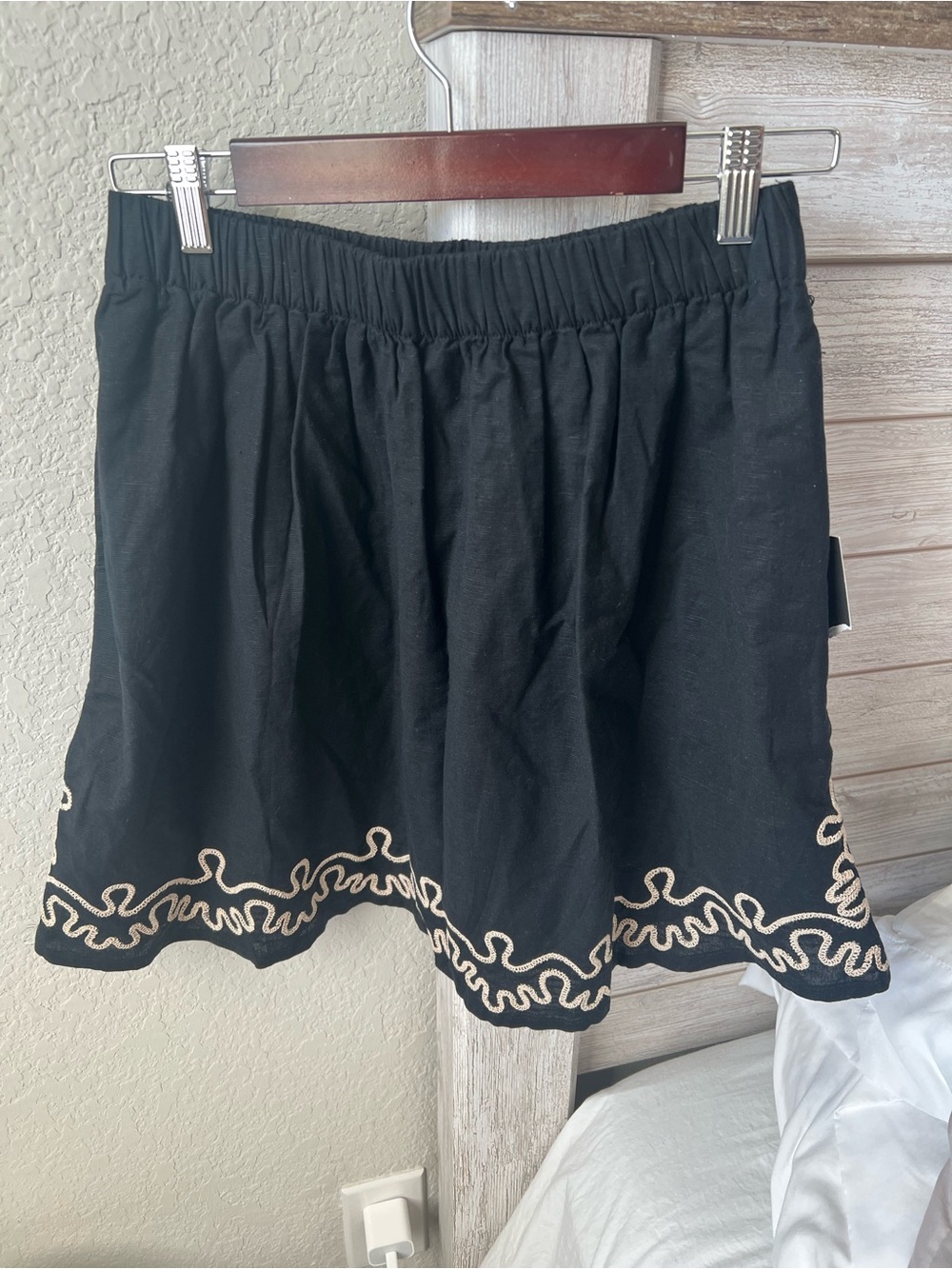 Women’s Black Midi Skirt with Cream Embroidered Hem